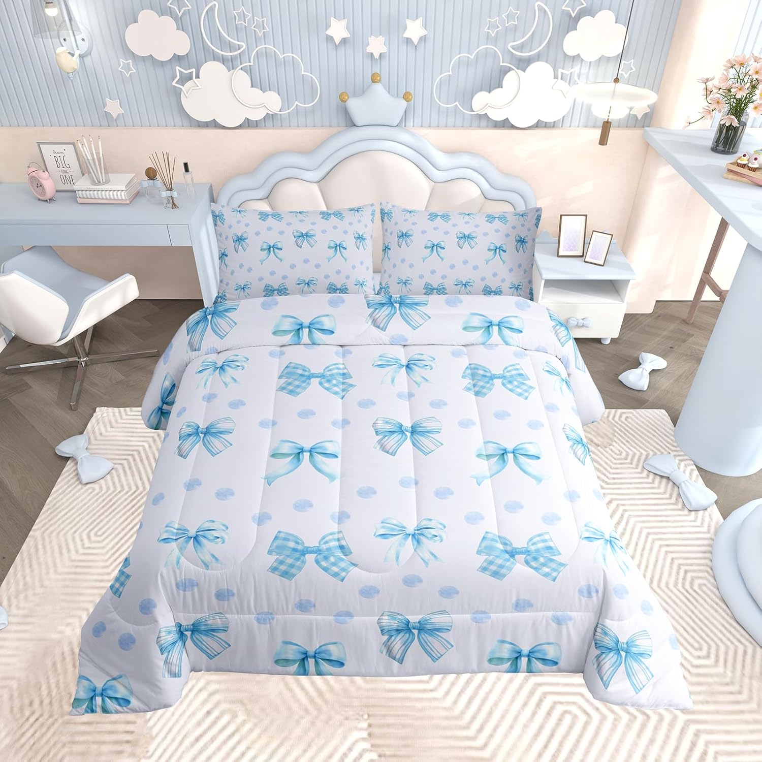 Floral Bowknot Comforter Set,Pink Bow Tie Print Bedding Set Cute Bow Flower Comforter Princess Style Bed Set for All Season