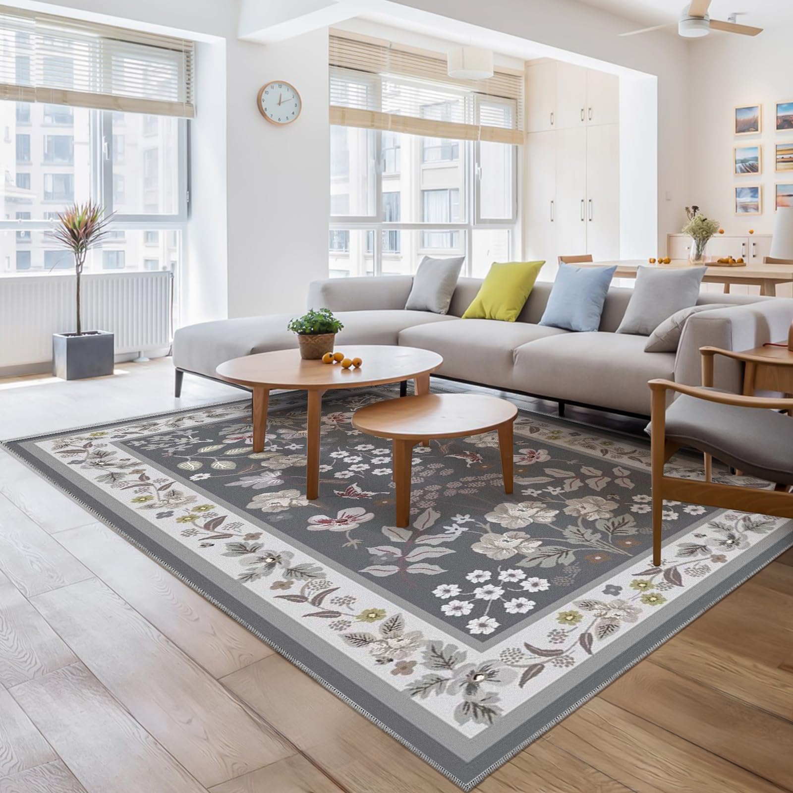 Washable Area Rug Non-Slip Area Rugs for Bedroom Soft Faux Wool Floral Rug with Rubber Backing Indoor Boho Area Rug