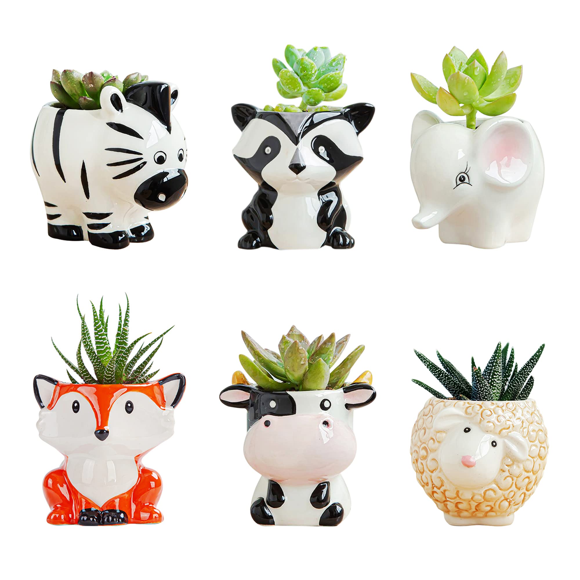 Cute Animal Ceramics Planter Small Succulent Pot Cartoon Shaped Plant Pot for Mini Plants Flower Cactus, Smooth Shiny Ceramic - Plants Not Included