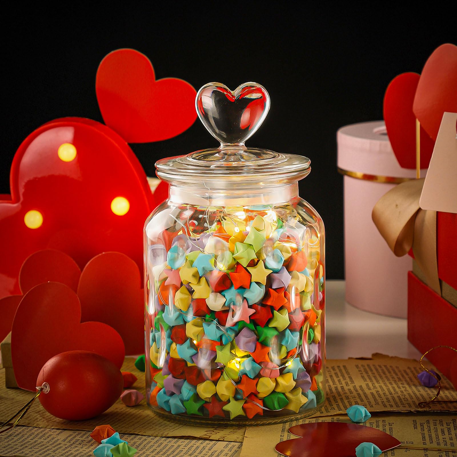 Set of 2 Airtight Glass Jars Decorative Jars, 32oz Jar of Hearts Cute Cookie Jar Decorative Jars with Lids Candy Jars for Candy Buffet Heart Shaped Lid - Drops Textured