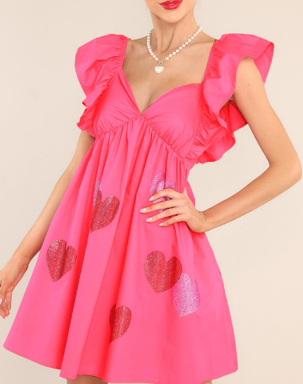 Valentine Women Ruffle V Neck Heart Mini Dress Puff Shoulder Backless Bowknot Short Dress Love Pink Babydoll Dress