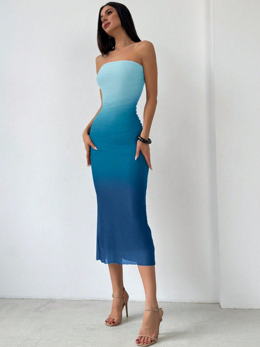 Women's Summer Gradient Strapless Tube Dress Bodycon Long Dress Side Slit Mesh Layered