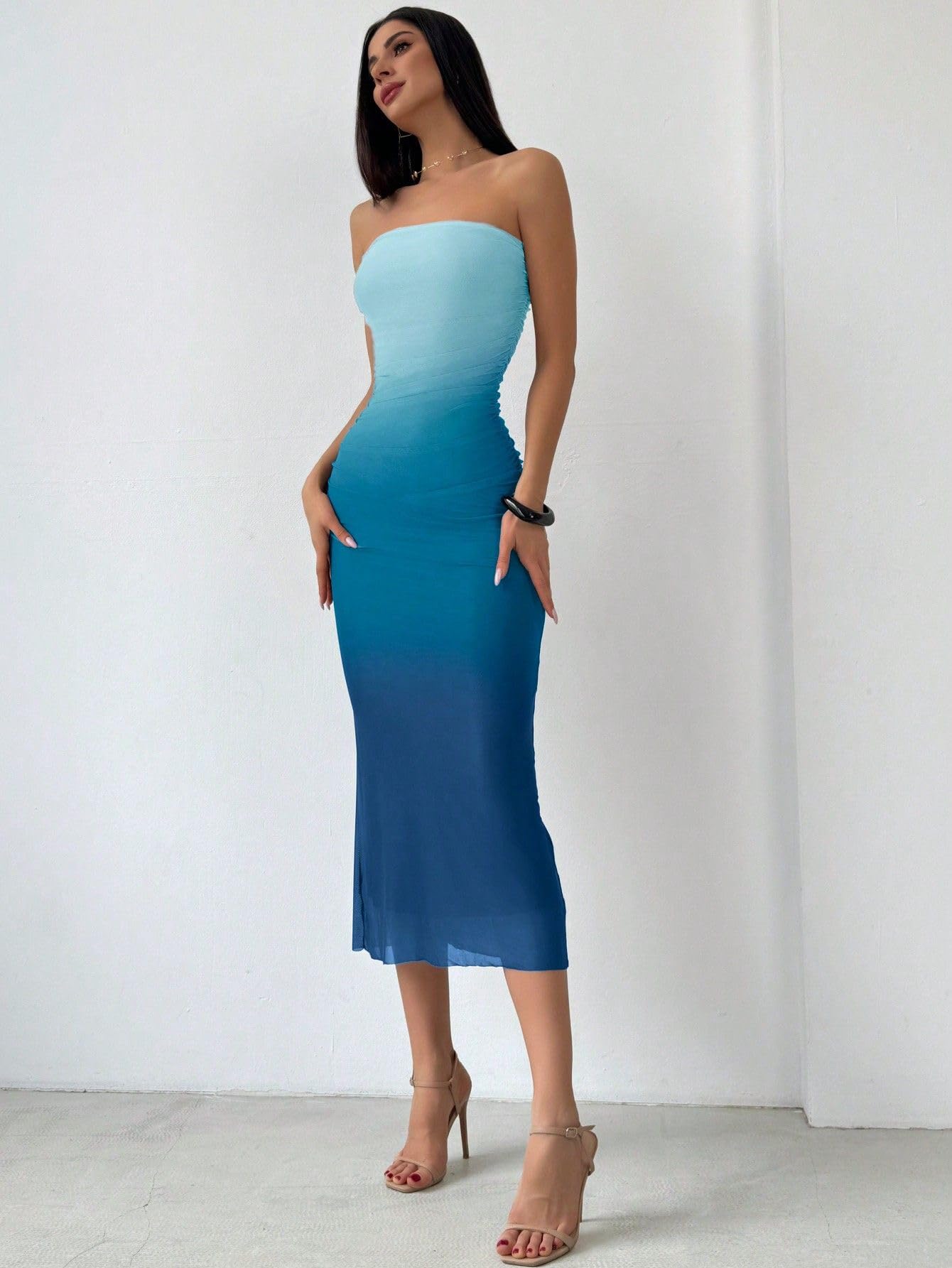 Women's Summer Gradient Strapless Tube Dress Bodycon Long Dress Side Slit Mesh Layered
