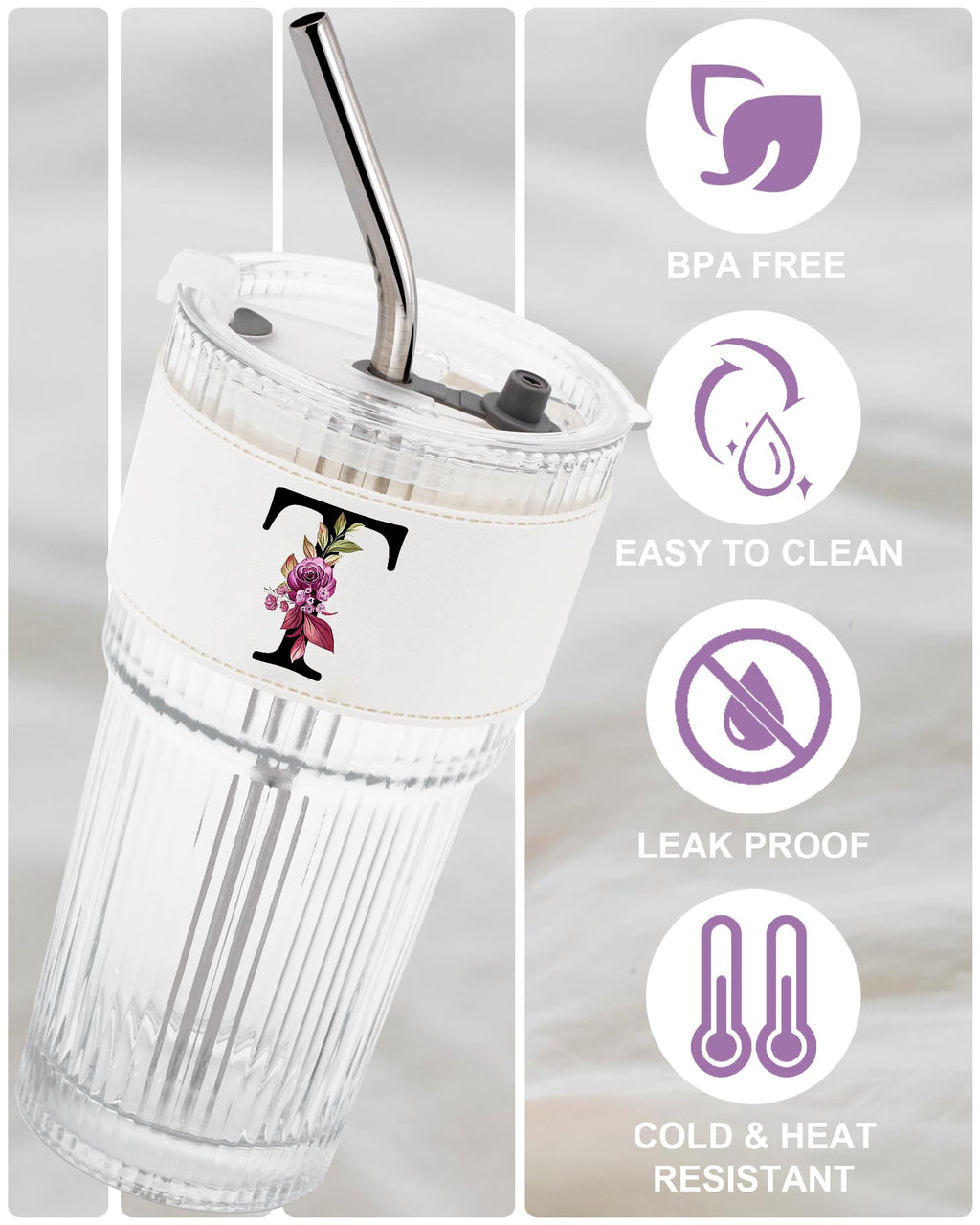 Initial Glass Cup with Lid Straw Ribbed Ice Tea Clear Tumbler Her Sister Coffee Matcha Latte Girlfriend Gf Aunt Best Friend Friendship Bestie Wife Cute Asthetic Unique Birthday Personalized Gift K