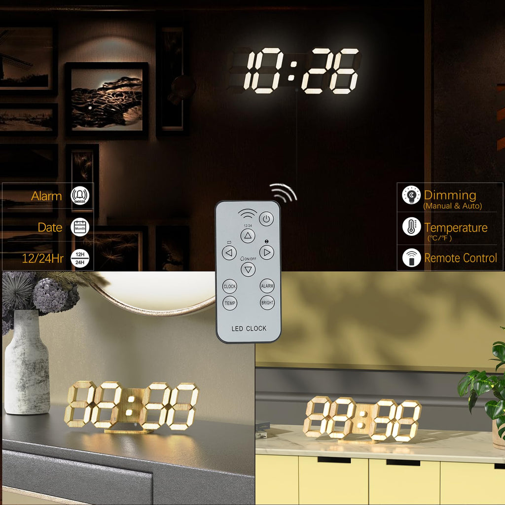 LED 3D Wall Clock 9.7" Clock with Remote/Dimming/12/24H/Temp/Alarm Clock/Date