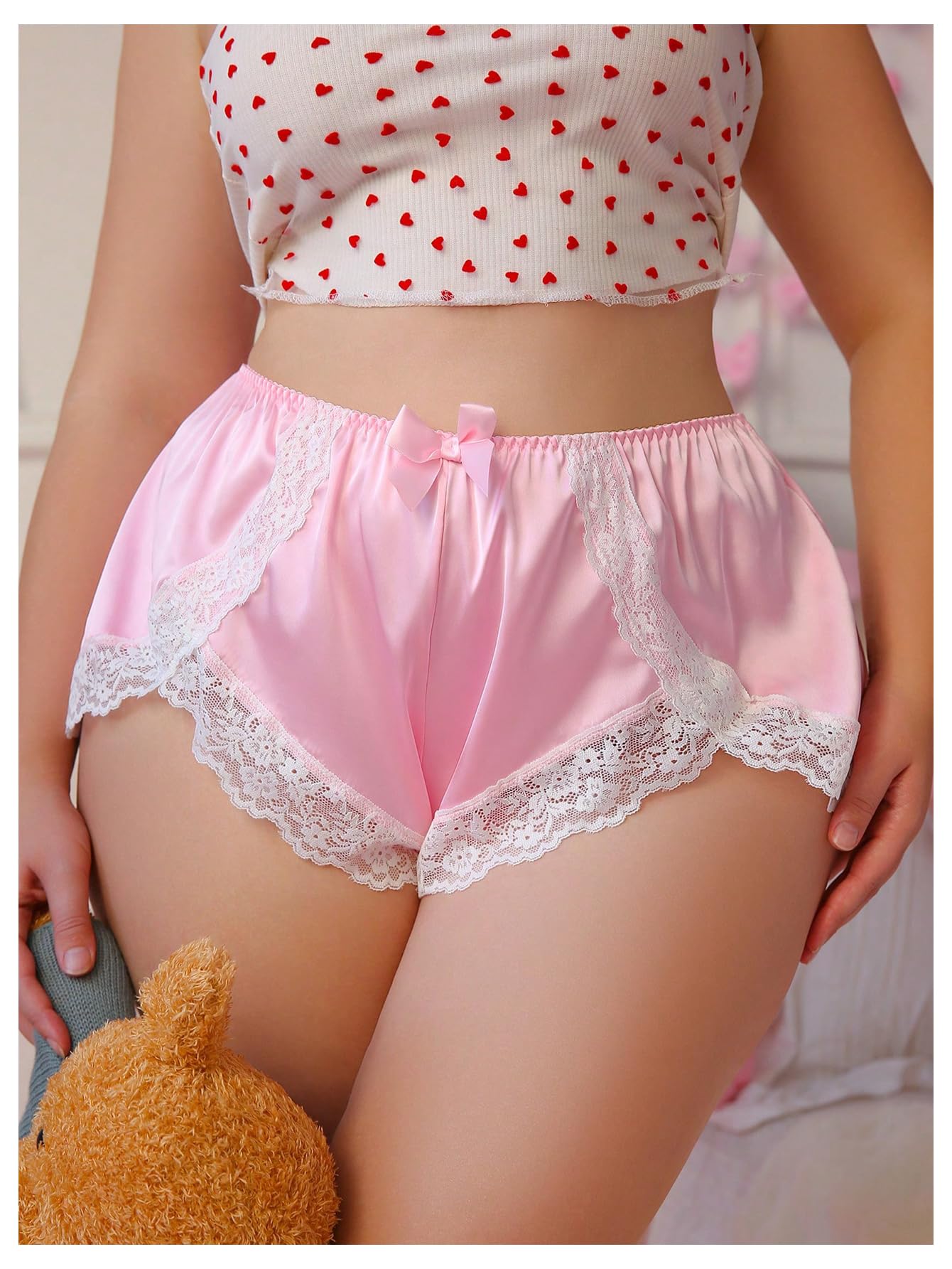 Women's Plus Size Satin Panty Brief Bow Front Lace Trim Breathable Silky Underwear