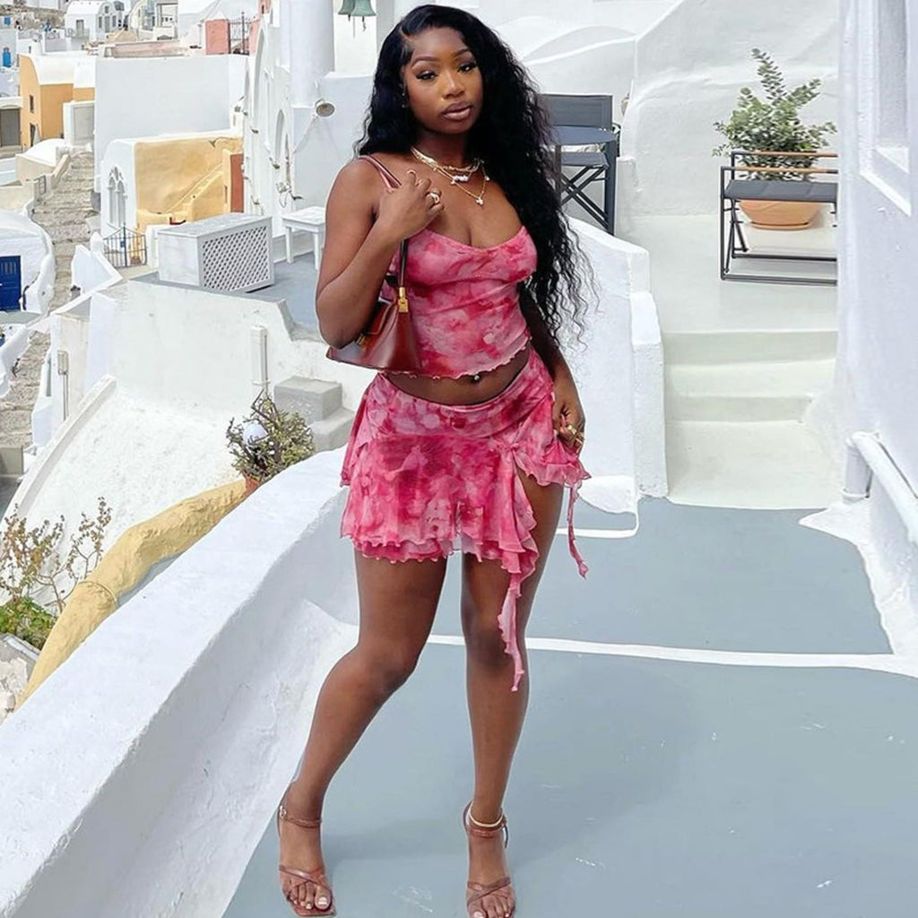 Womens Sexy 2 Piece Club Outfits Set Floral Print Camisole Crop Top Mini Skirt with Slit