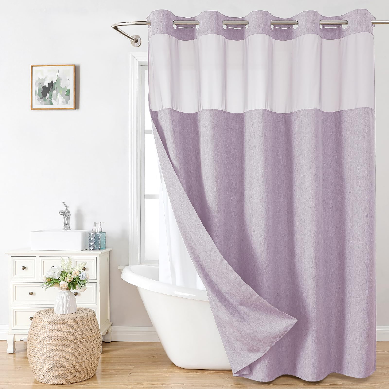 No Hooks Needed Linen Textured Shower Curtain with Snap-in Fabric Liner Set, Luxury Decor Shower Curtains for Bathroom with Mesh Top Window, Waterproof & Washable