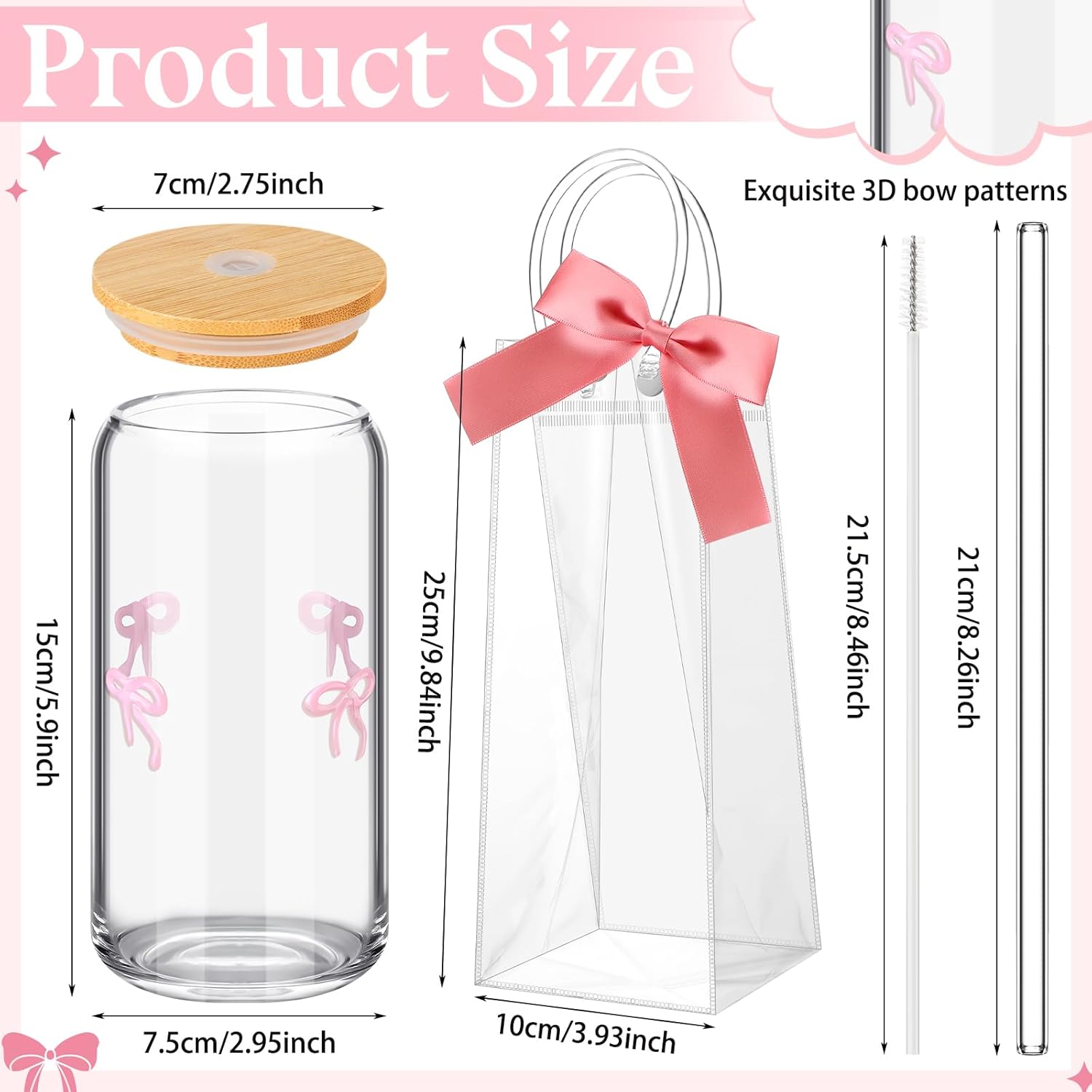 Coquette Bow Aesthetic Glass Cup with Clear Gift Bag Lids and Straws 16 oz Pink Bow Glass Cups Cute Tumbler