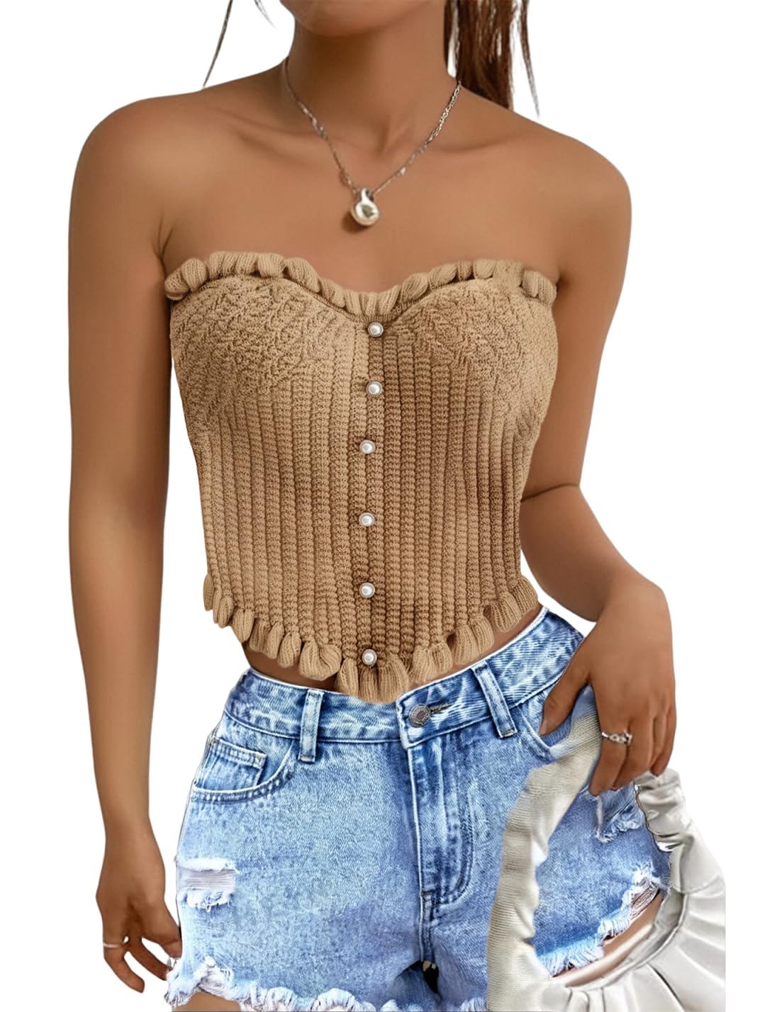 Women's Pearl Strapless Tops Summer Asymmetrical Tube Tops