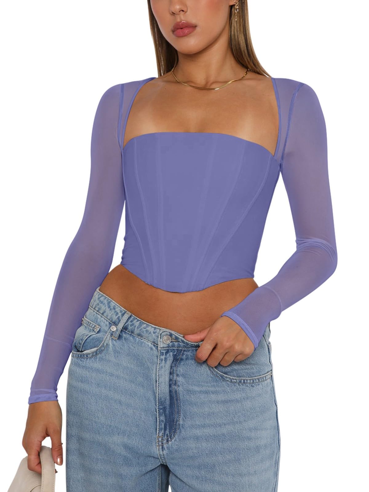 Women's Sexy Sheer Long-Sleeve Corset â€?Y2K Square Neck, Cropped Party Top