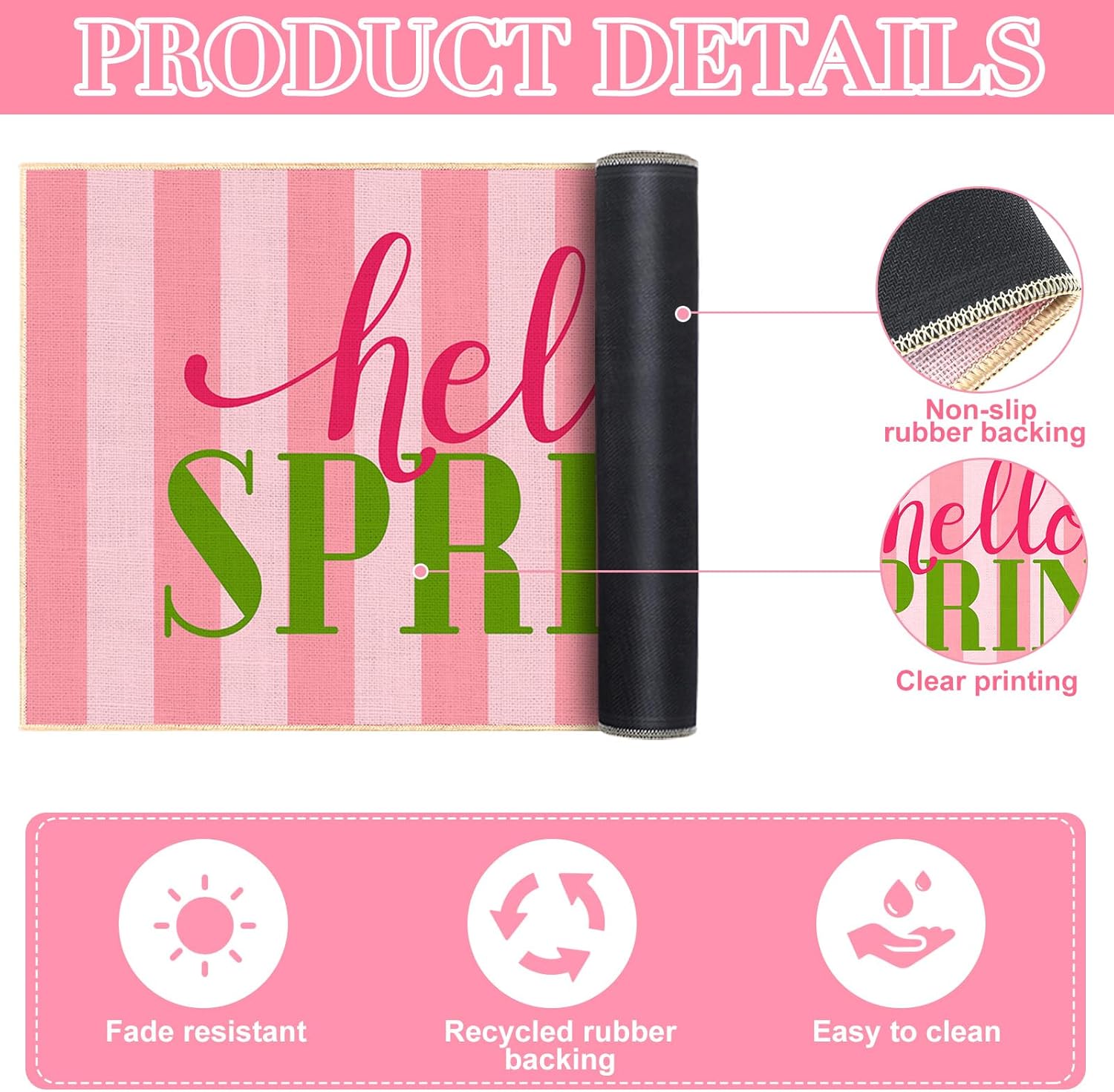 Hello Spring Door Mat for Front Door 30''x 17'' Pink Non Slip Decorative Floor Mats