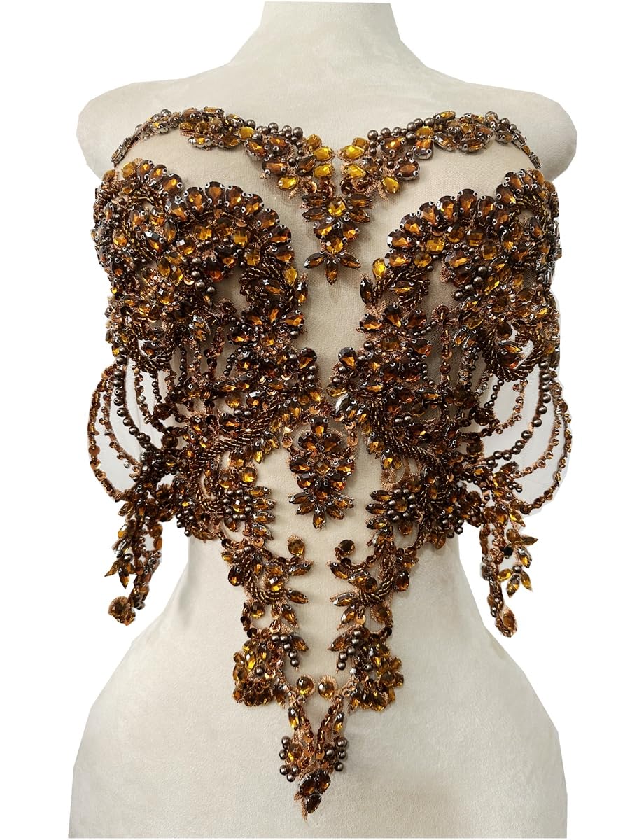 Handmade red/Blue/Gold/Green Rhinestones lace Bodice Applique Sewing Beads Crystal Trim Patches Accessory for Dress Clothes (Rose red)