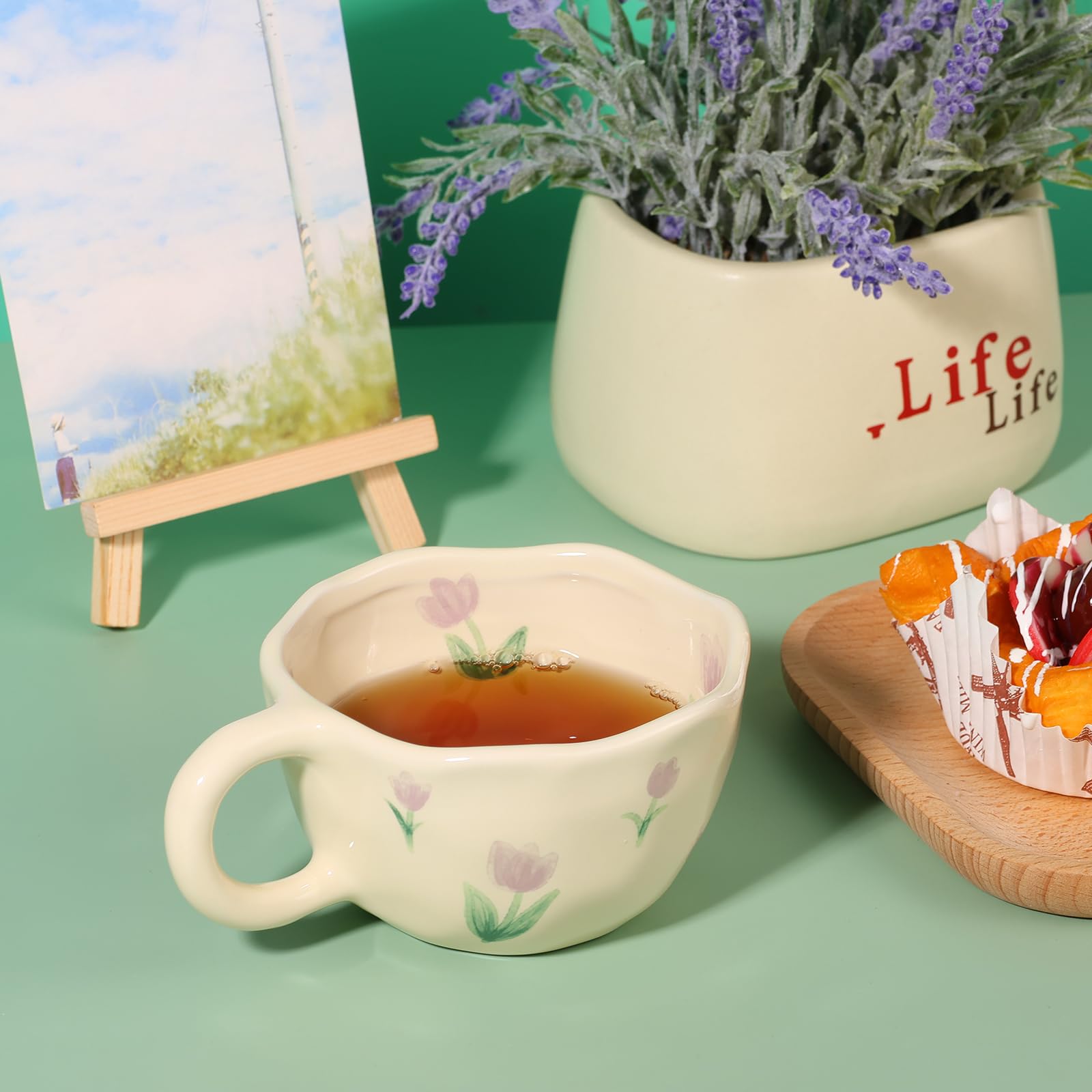 Set of 4 Vintage Floral Ceramic Coffee Mugs â€?8 oz Irregular Latte Art Cups