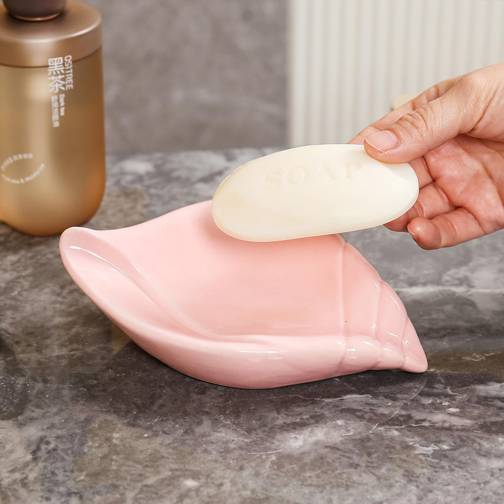 Sea-Shell Soap Holder, Ceramic Soap Tray with Self Draining, Soap Tray for Sink Washroom Bathroom Shower, Small Cute and Elegant Holder with Glaze