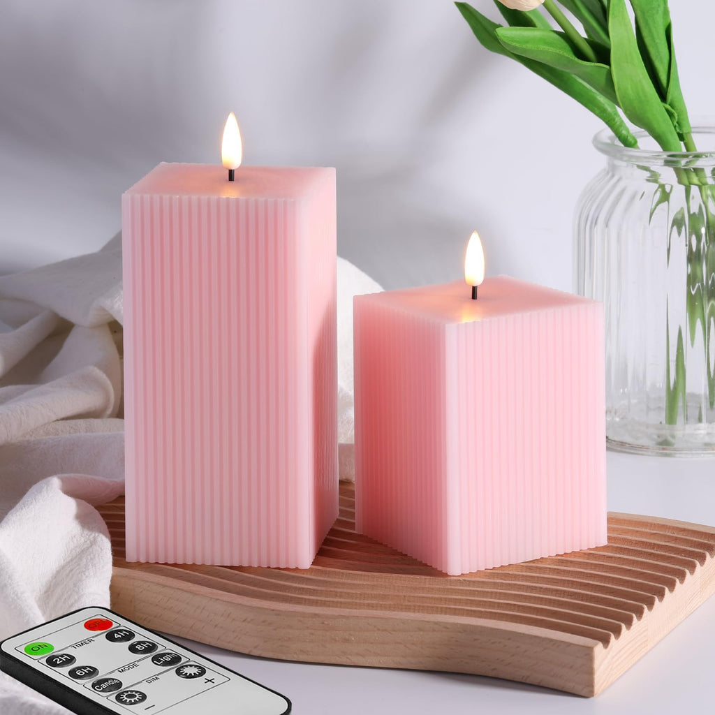 Square Ribbed Flameless Candles with Remote, Flickering Real Wax Battery LED Candles 3" H 4" 6"