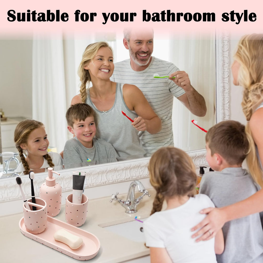 Premium Bathroom Accessories Sets 4-Piece, Pastel Heart Bathroom Accessory Complete Set - Toothbrush Holder, Lotion Soap Dispenser, Vanity Tray, Bathroom Tumbler for Countertop Vanity