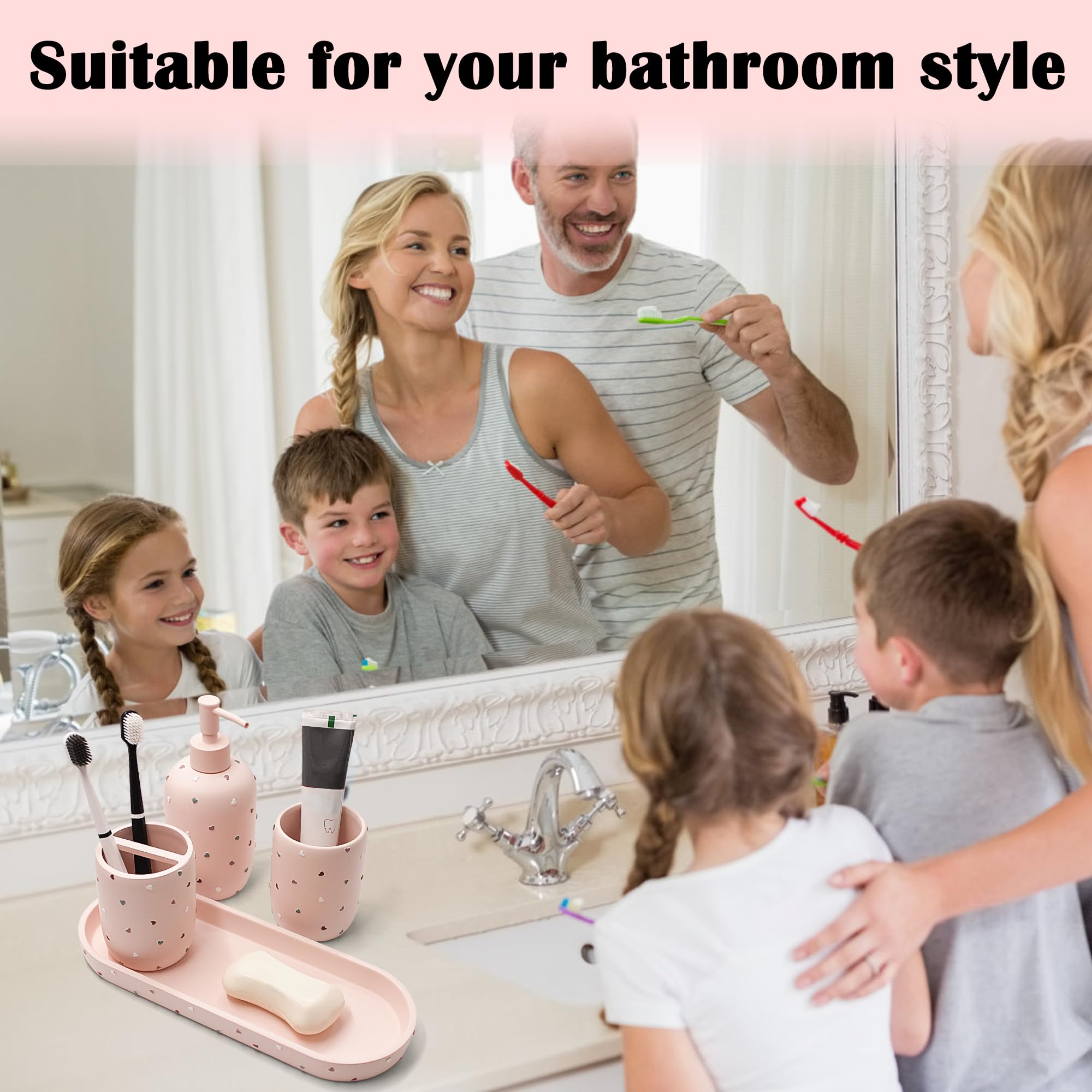 Premium Bathroom Accessories Sets 4-Piece, Pastel Heart Bathroom Accessory Complete Set - Toothbrush Holder, Lotion Soap Dispenser, Vanity Tray, Bathroom Tumbler for Countertop Vanity