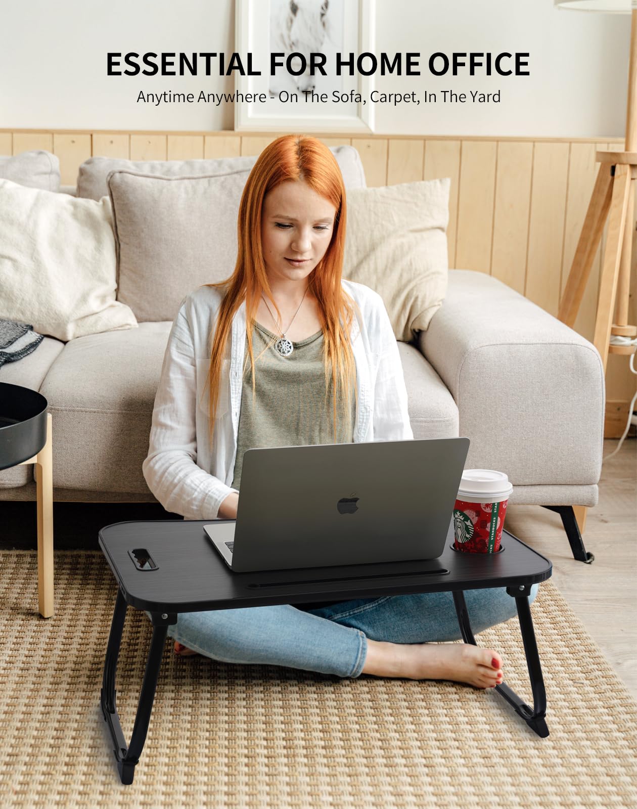 Portable Foldable Study Table, Laptop Stand With Cup Holder, Tablet Slot, And Lift Handle For Working