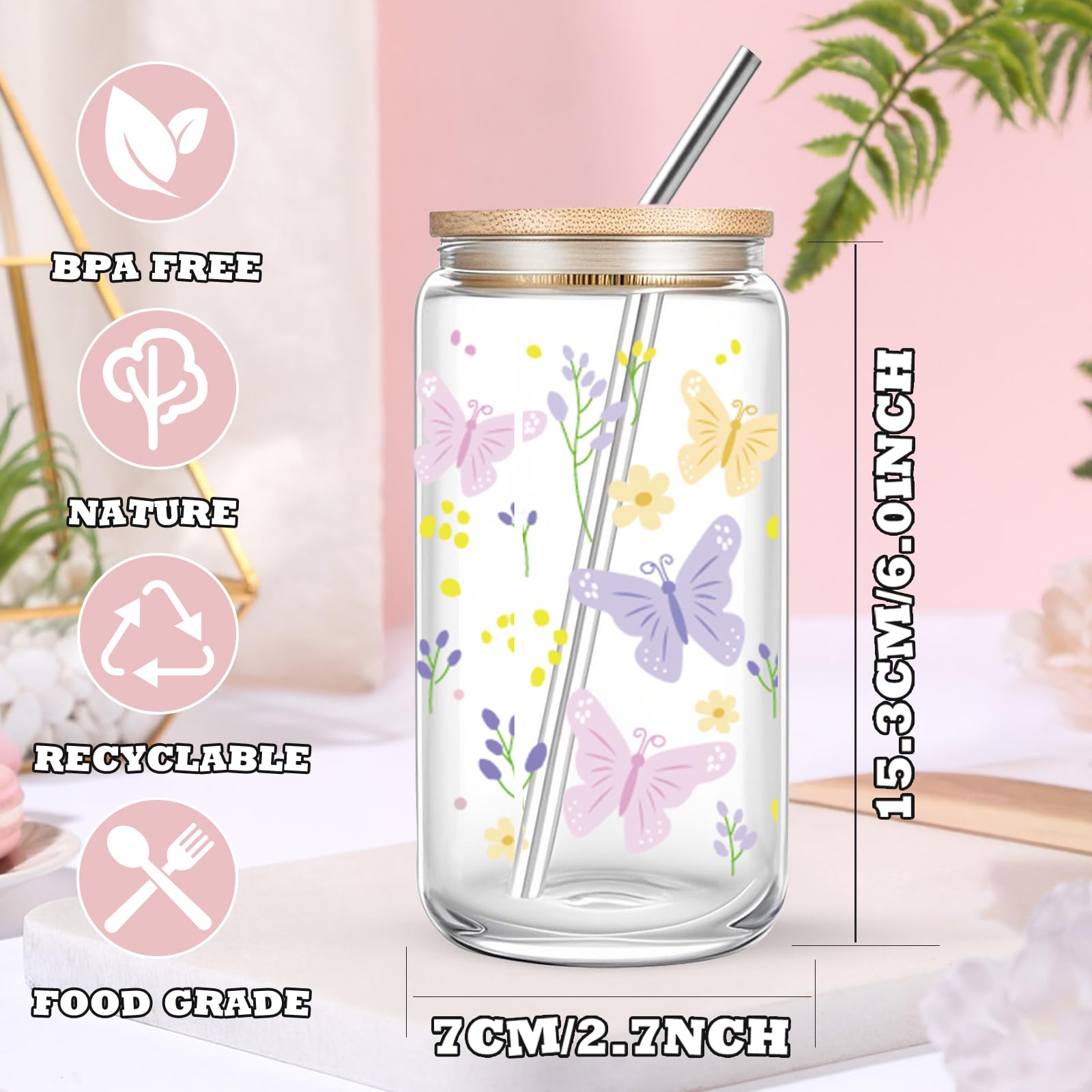 Cute 16oz Glass Cups with Lids and Straws, 2 Pack