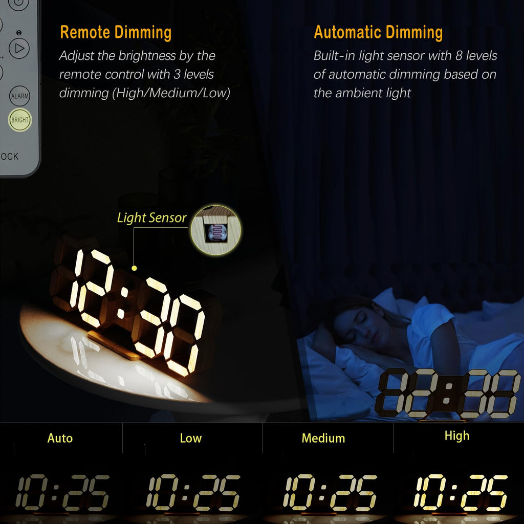 LED 3D Wall Clock 9.7" Clock with Remote/Dimming/12/24H/Temp/Alarm Clock/Date