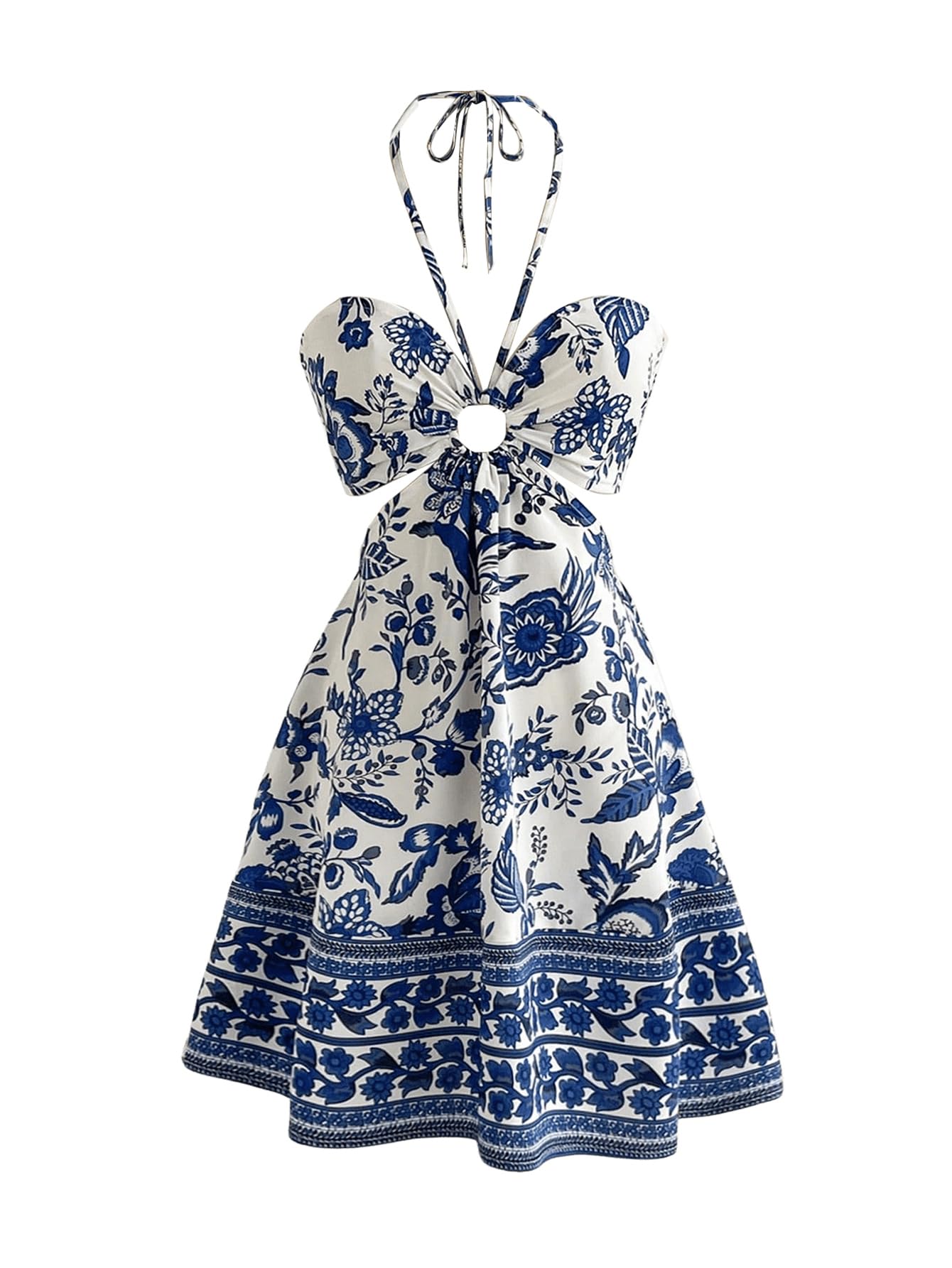 Women's Floral Halter Neck Vacation Dress Sleeveless Cut Out Boho Cami Dress