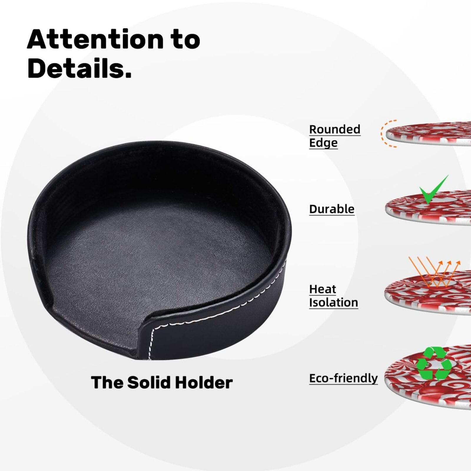 Coasters for Drinks Round Leather Coaster with Holder Set of 6 for Tabletop Protection