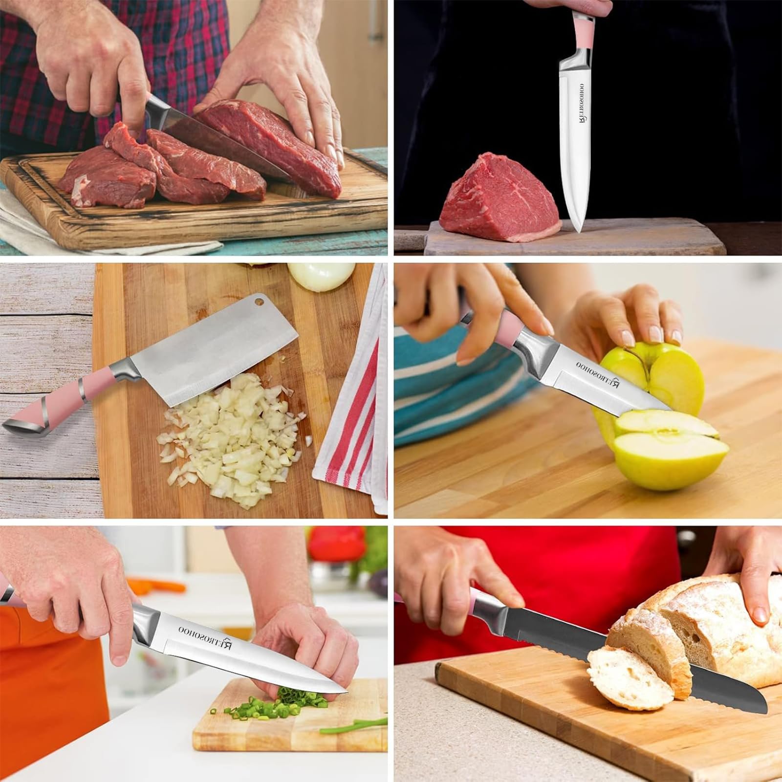 Kitchen Stainless Steel Knife Set, 9-Pieces Sharp Non-Stick Coated Chef Knives Block Set