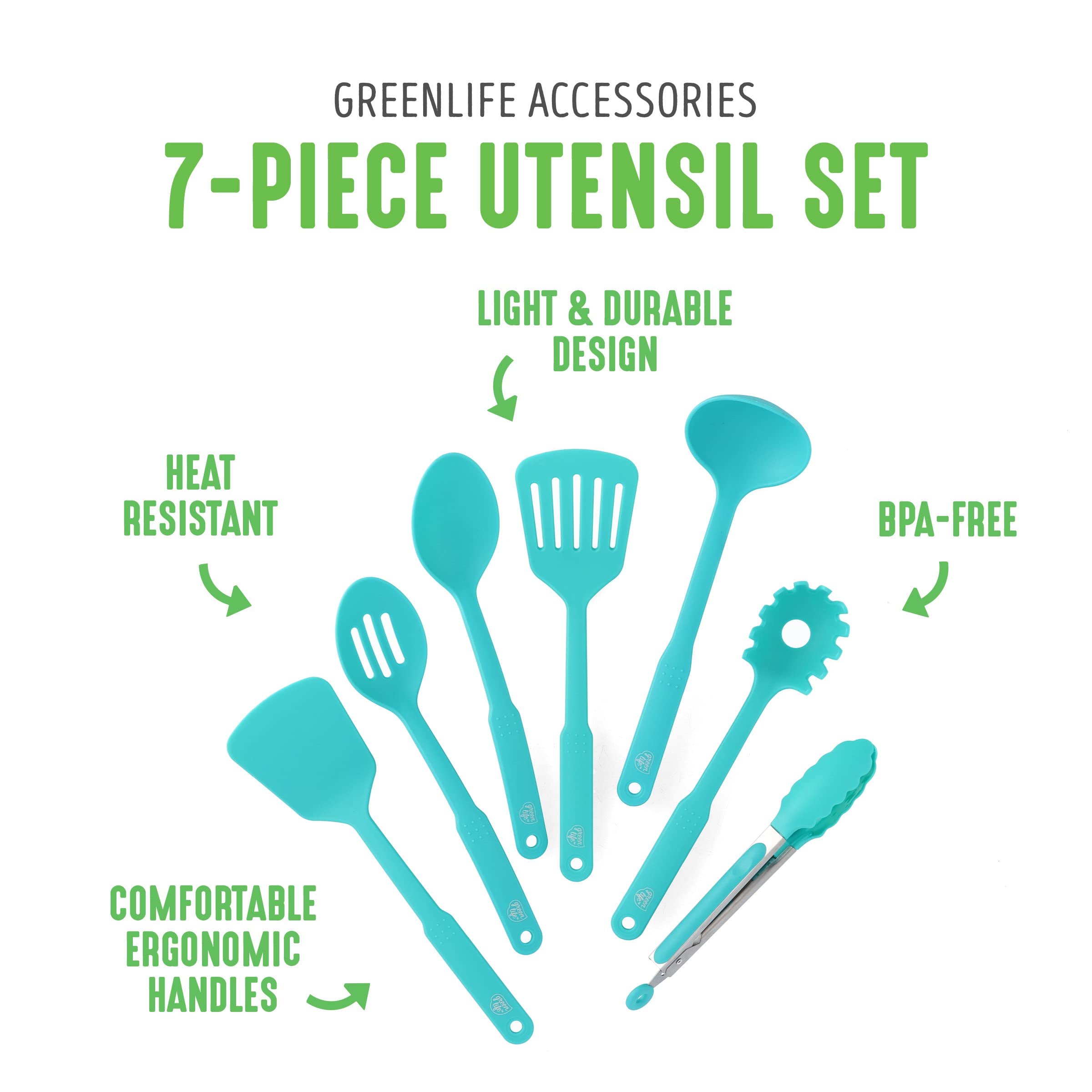 Cooking Tools and Utensils, 7 Piece Nylon Set including Spatulas Turner Spoons and Tongs, Dishwasher Safe