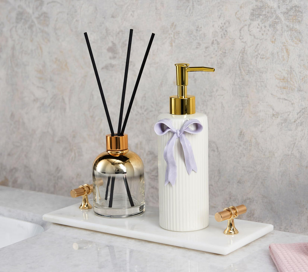 Handmade Ceramic Bow Soap Pump Dispenser Hand Lotion Liquid Dispenser Refillable for Kitchen and Bathroom Decorative