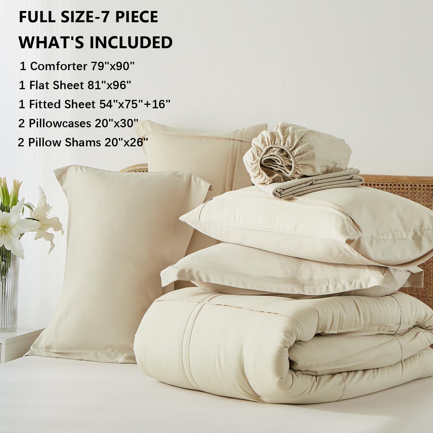 Comforter Set 7 Piece Bed in a Bag, Grid Pinch Pleat Bedding Set, Striped Textured Soft Microfiber Comforter with Sheet Set