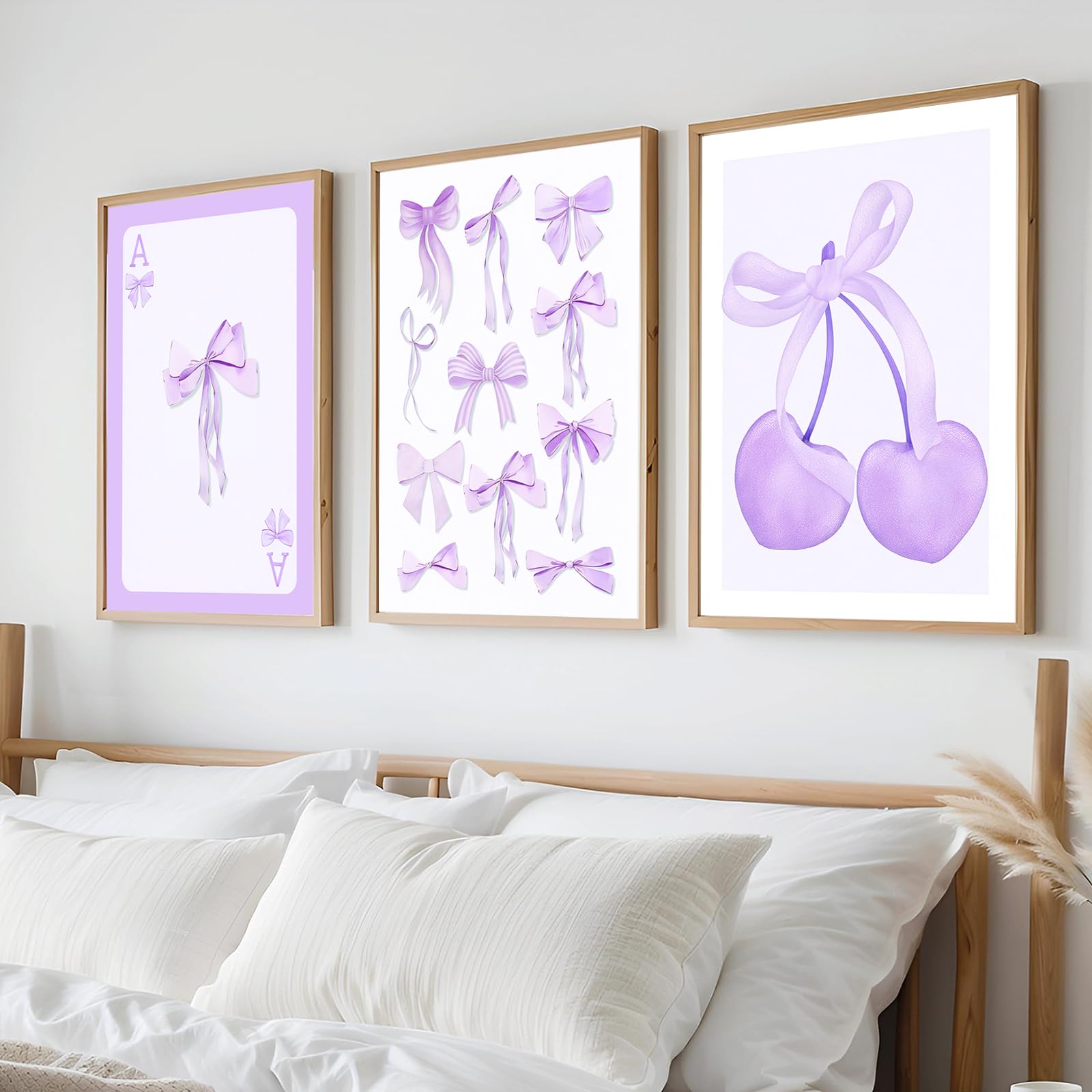 Purple Coquette Trendy Preppy Bows Cherry Wall Art Prints Set of 3 Watercolor Light Purple Poker Posters Wall Decor,  Unframed