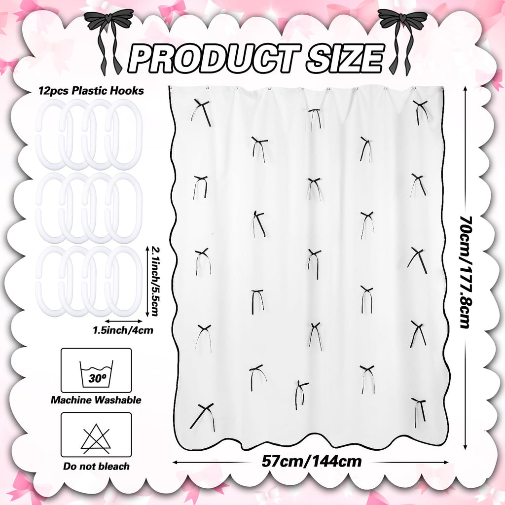 Cute Scalloped Bath Bow Shower Curtain with 12 Hooks Bowknot Waterproof Aesthetic Bathroom Decor for Women Girls Accessory, 72 Inches