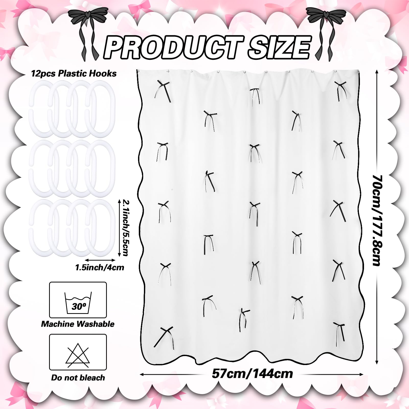 Cute Scalloped Bath Bow Shower Curtain with 12 Hooks Bowknot Waterproof Aesthetic Bathroom Decor for Women Girls Accessory, 72 Inches