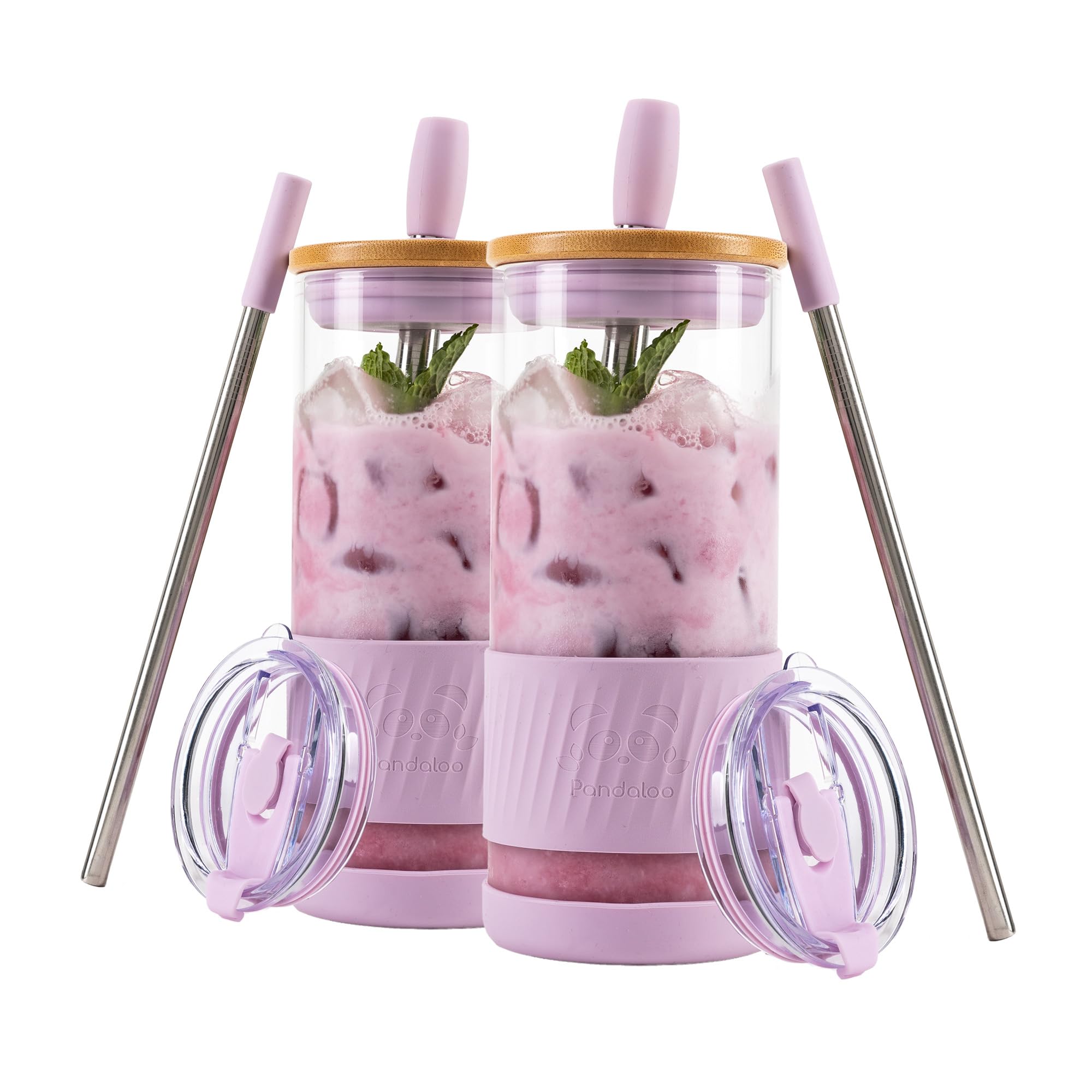 Pandaloo® Glass Cups With Lids and Straws -20 Fl Oz- Perfect Size Iced Coffee Cup - Smoothie Cup With Bamboo Lid and On the go Lid - Glass Tumbler With Straw