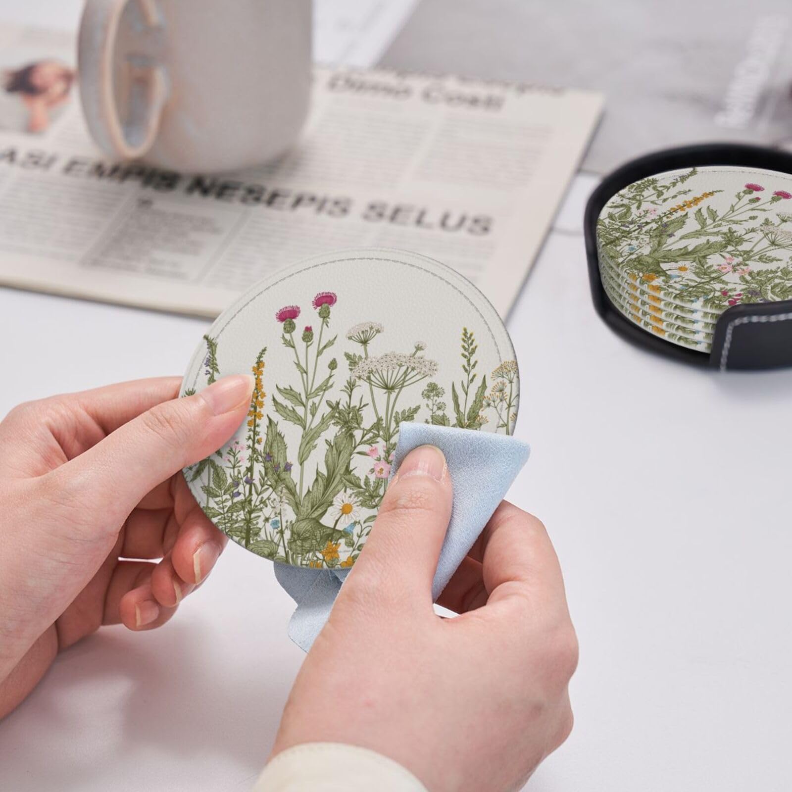 Coasters for Drinks Round Leather Coaster with Holder Set of 6 for Tabletop Protection