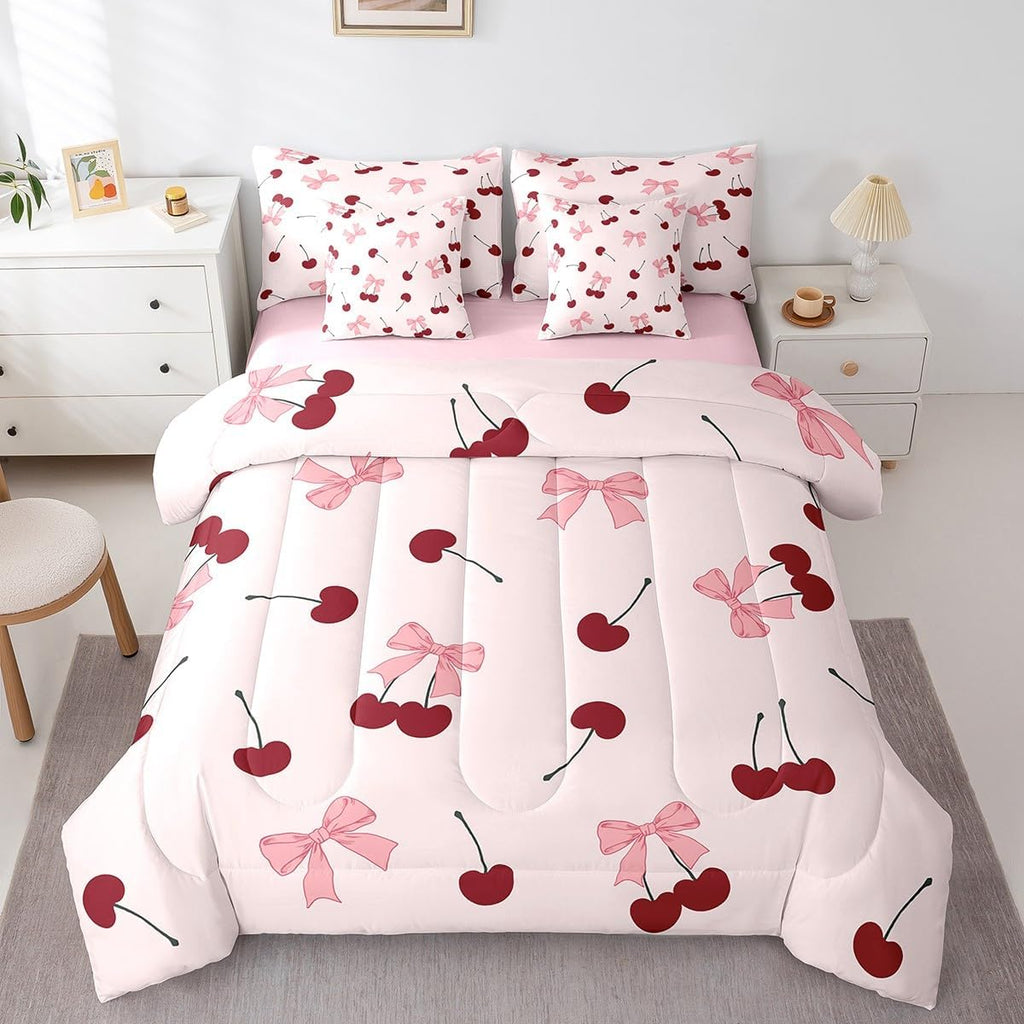 Princess Style Pink Bowknot Comforter Bedding Set, Bow Tie Pink White Dreamy Fairy Tale Bow (Comforter+Fitted+Flat Sheet+2 Pillowcases+2 Throw Pillow Covers) 7 Pieces Bed Set