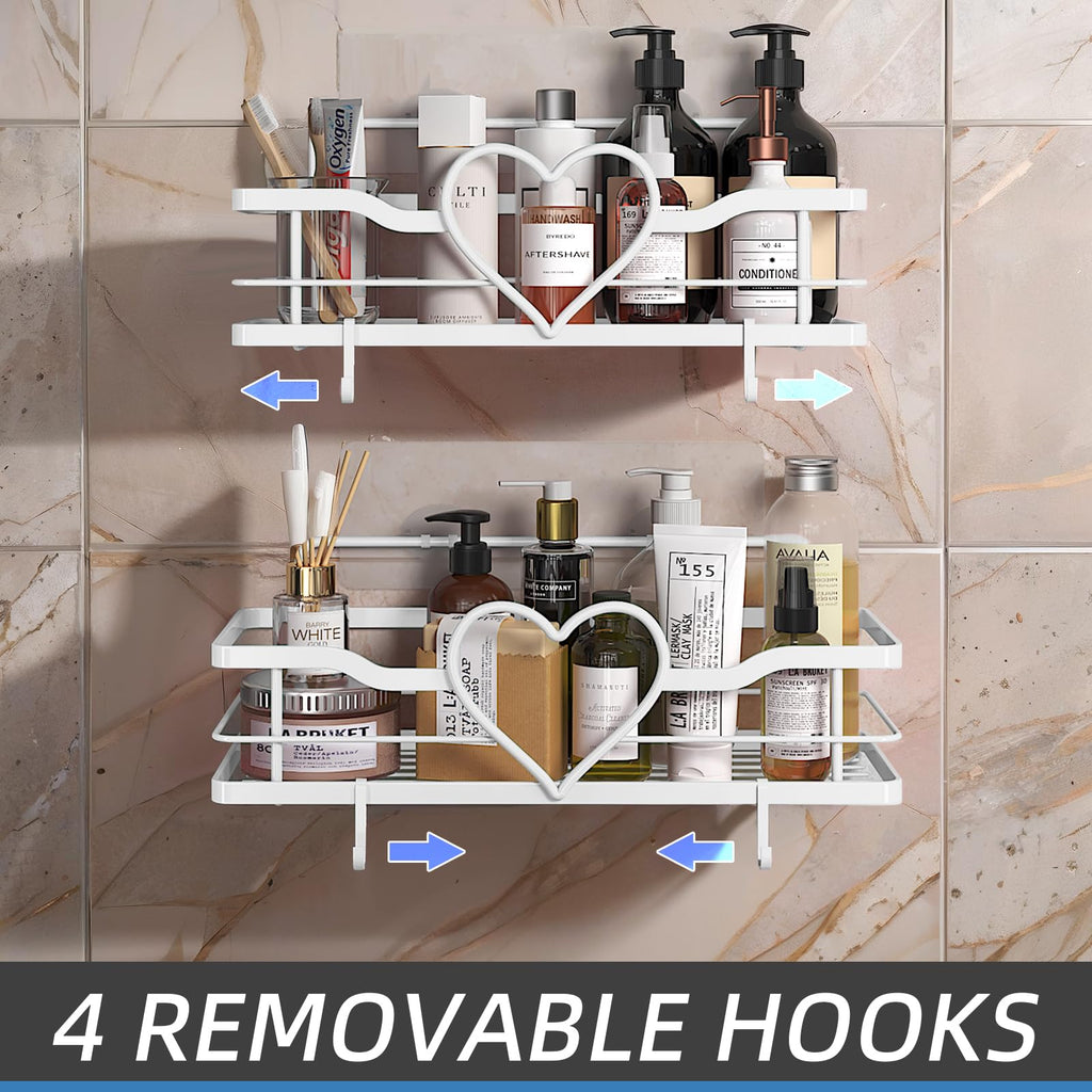 Heart Shower Caddy with 4 Removable Hooks, 2 Pack Sweet Heart Shower Shelves, No Drilling Adhesive Organizer Shelf