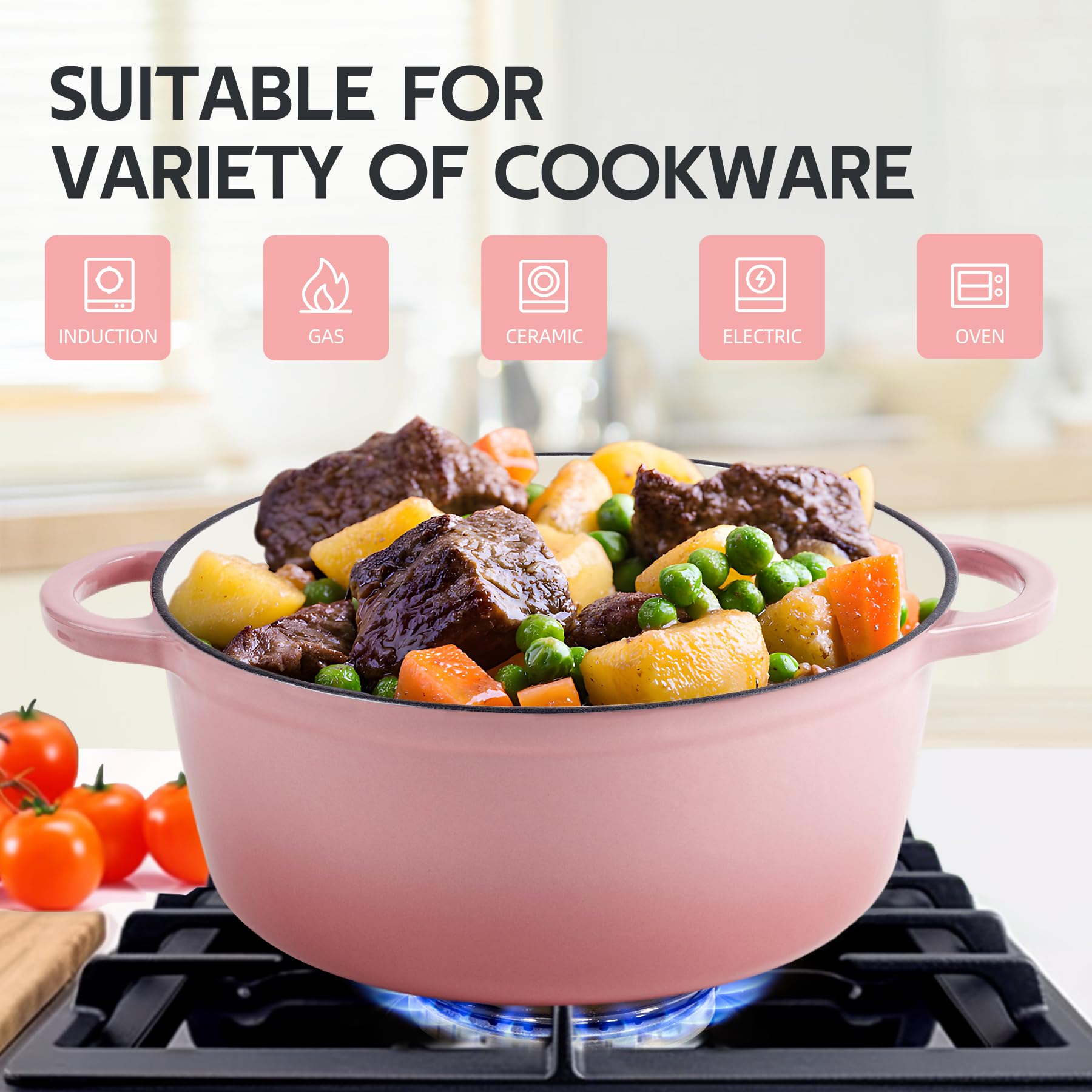 Enameled Cast Iron Dutch Oven with Lid - Big Dual Handles - Round Pot for Versatile Cooking 6 Quart