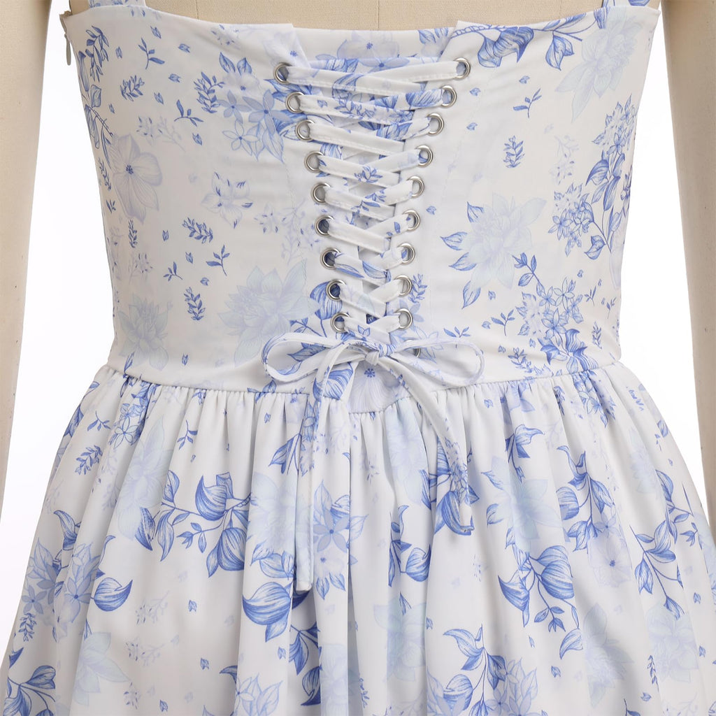 Women's Spaghetti Strap Corset Mini Dress â€?Backless, Lace-Up, Low-Cut Ruffle Sundress