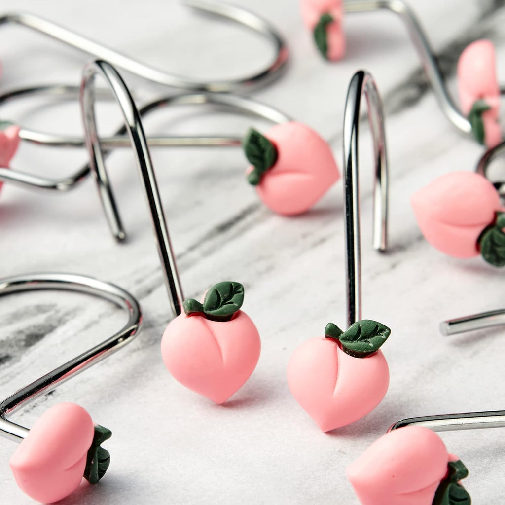 Peach Shower Curtain Hooks - 12pcs Peach Shower Curtain Hooks Pink Rustproof Curtain Hangers Glide Shower Rings Curtain Cute Fruit Resin Stainless Steel