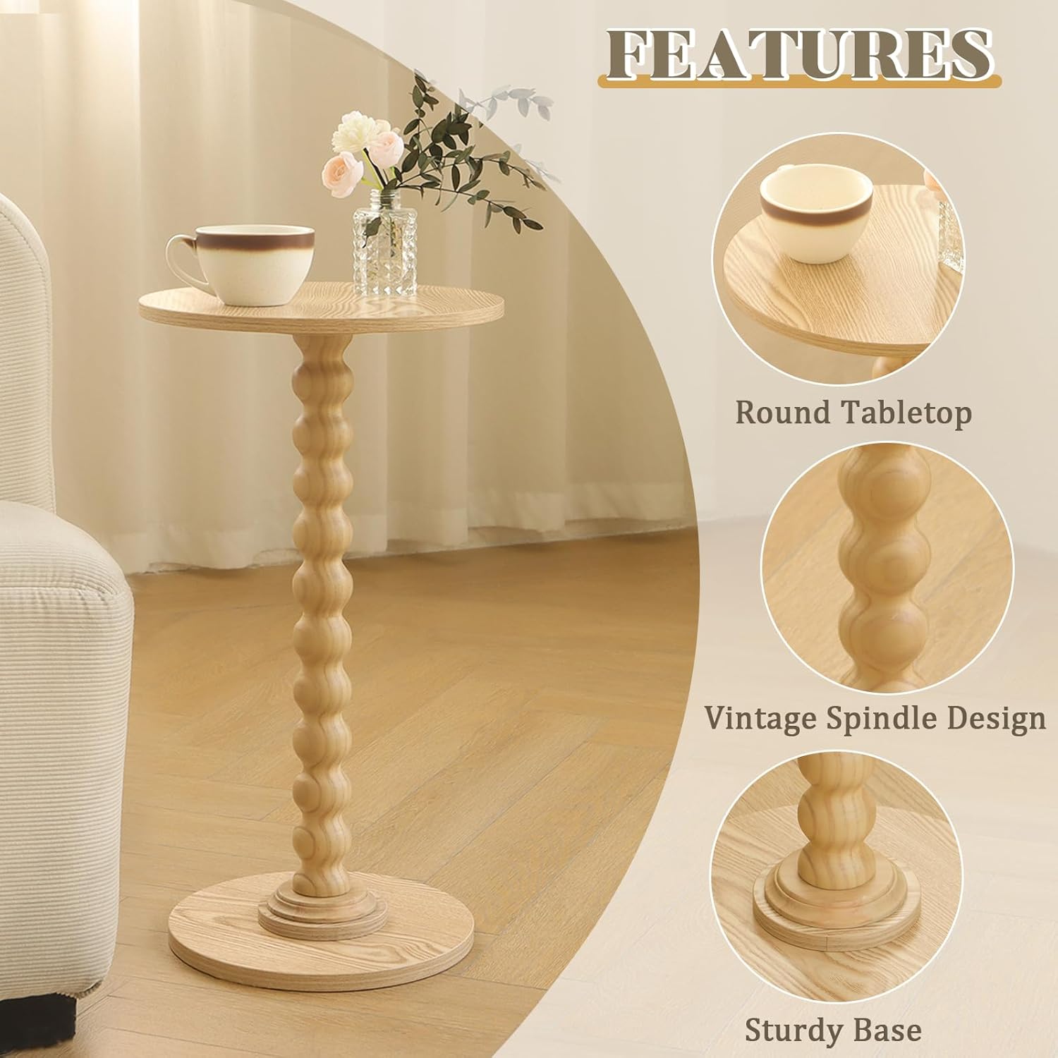 Round Side Table, Small Drink Table for Small Spaces, Modern Accent End Table Nightstand with Solid Wood Leg for Living Room, Bedroom, Corners, and Office