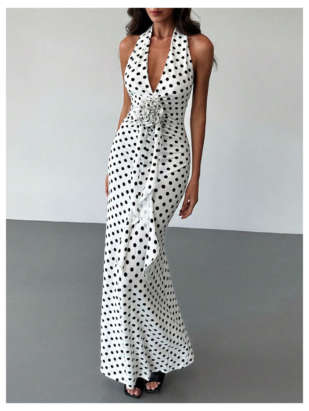 Women's Polka Dots Halter Dress High Split Deep V Neck Backless Bodycon Maxi 3D Flower Dresses