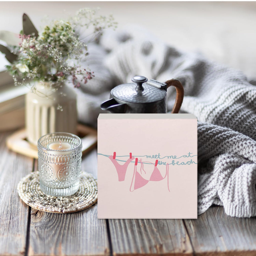 Coquette Pink Bow Champagne Wooden Box Sign, 5x5 Inch