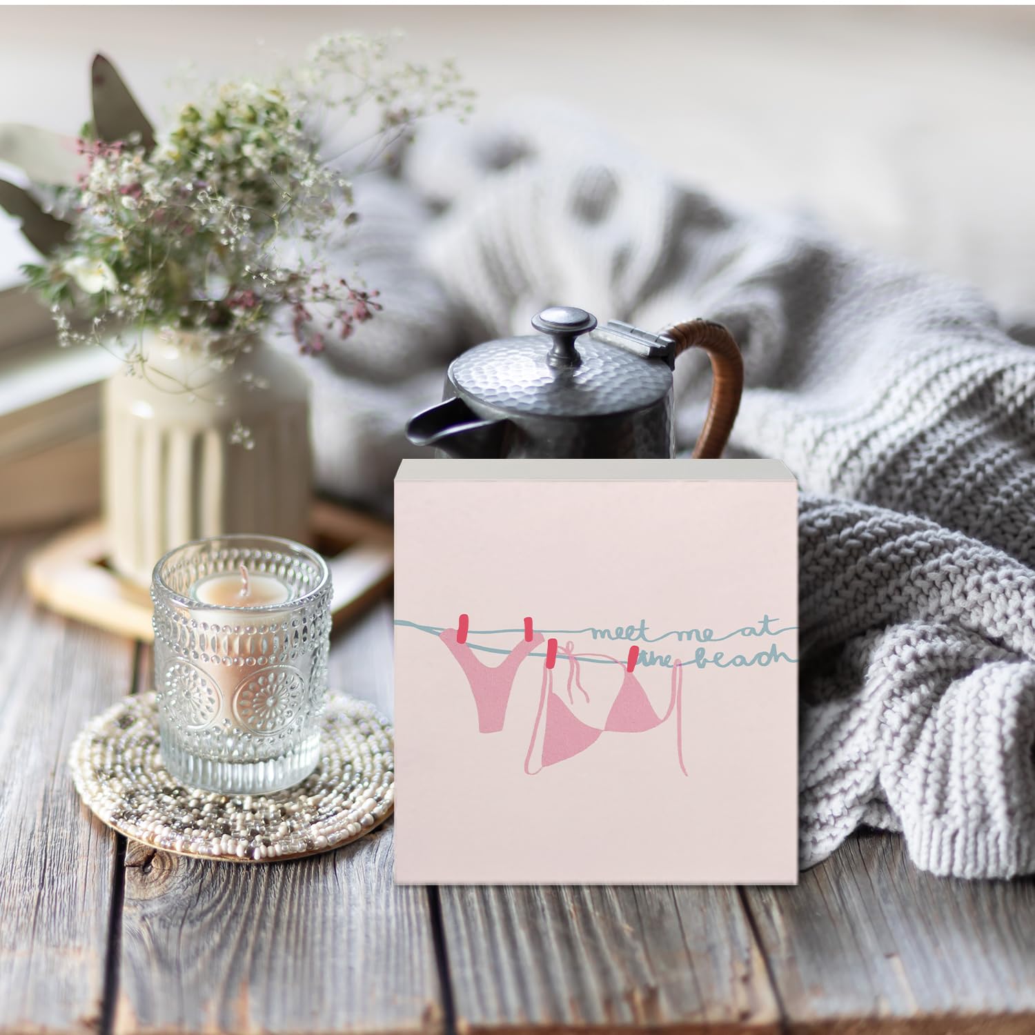 Coquette Pink Bow Champagne Wooden Box Sign, 5x5 Inch