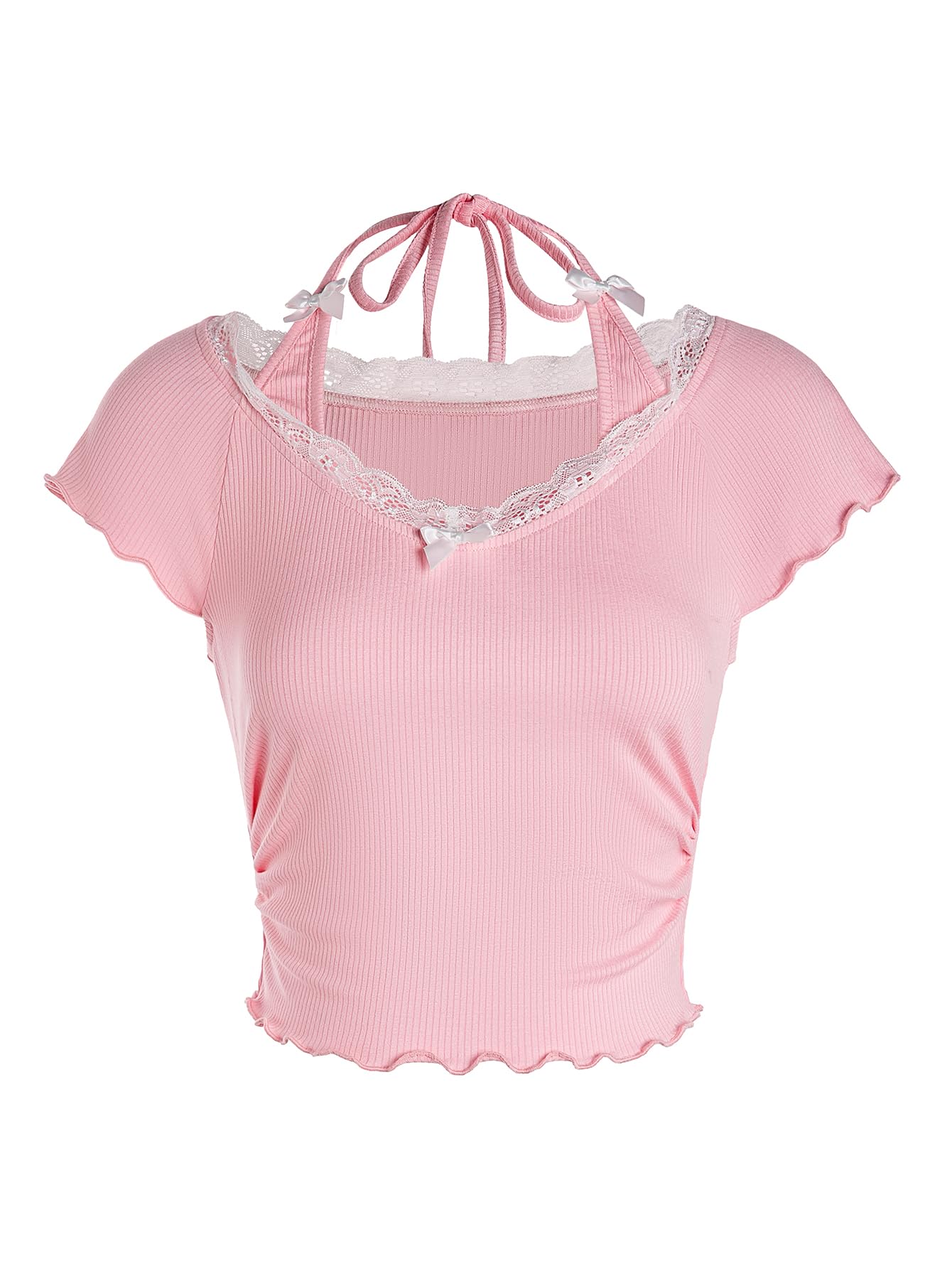 Women's Contrast Lace Halter Neck Lettuce Trim Casual Crop Tee Tops