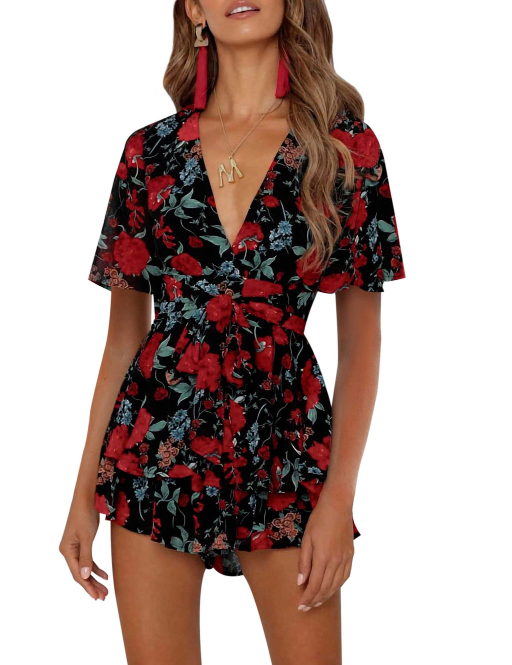 Women's Floral Rompers Jumpsuits V Neck Short Baggy Sleeve Waist Tie Double Layer Ruffle Hem Romper