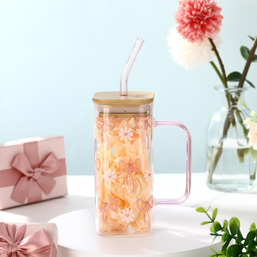 Coquette Pink Bow Glass Cup with Bamboo Lid and Straw for Women, 13. 5oz Coquette Aesthtic Drinking Tumbler Bow Square Cup with Handle