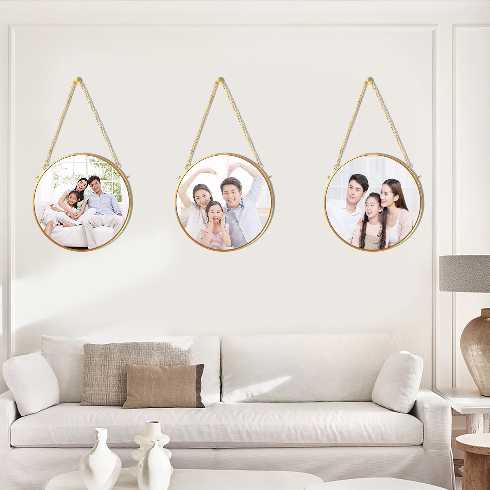 Round Brass Hanging Photo Frame, Double-side Circle Glass Frame for Pressed Flowers, Clear Circular DIY Vintage Artwork Display Picture Frame Wall Mounted Photos Frame