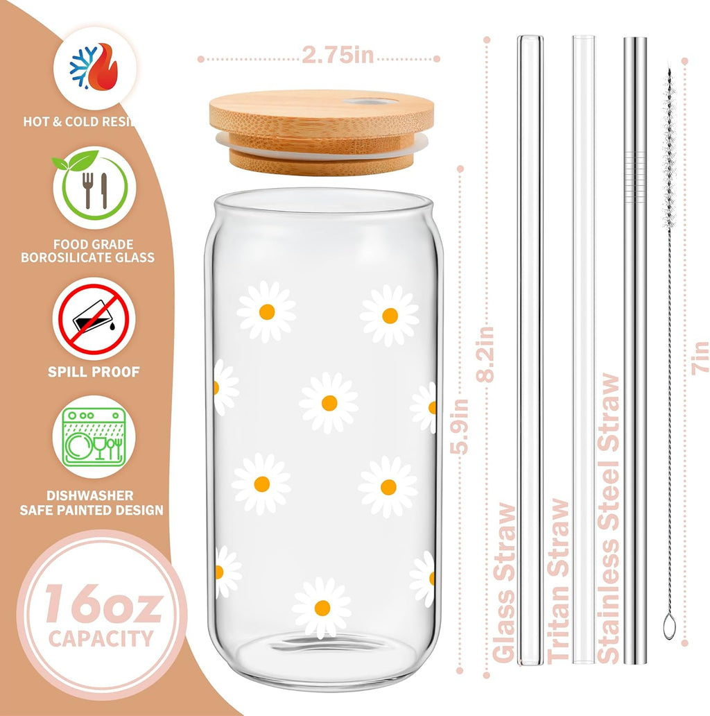 Cute Glass Cups with Lids and Straws, Daisy Design Iced Coffee Cup, Aesthetic Mug Tumbler